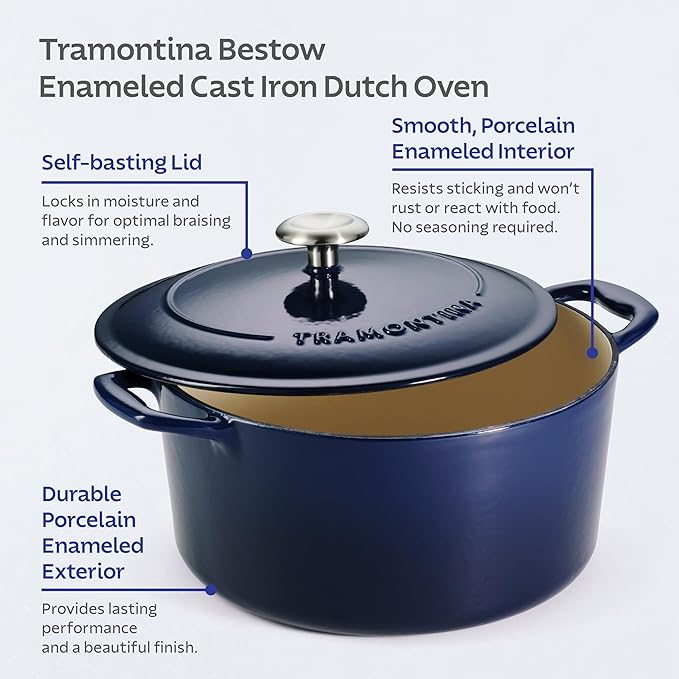Tramontina Bestow Enameled Cast Iron Dutch Oven Pot with Lid, Round 5.5-quart, Blue