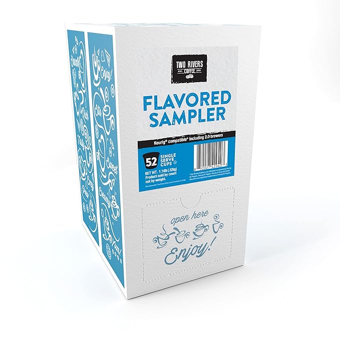 Two Rivers Coffee Flavored Coffee Pods Sampler Compatible with K Cup Brewers Including 2.0, Single Serve Variety Pack, Assorted, 52 Count