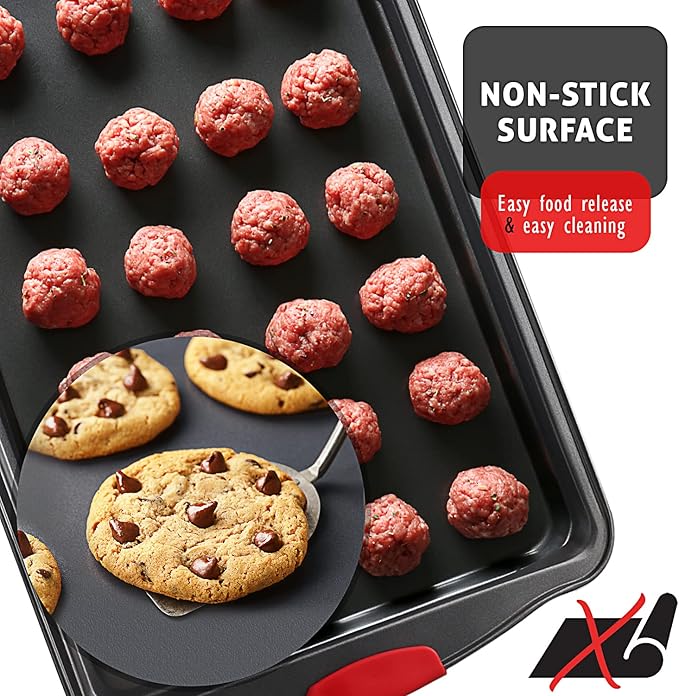 JOYTABLE Baking Sheet, 2PC Cookie Sheet Set with Silicone Handles, Nonstick Steel Baking Pan, Baking Sheets for Oven, BPA Free Baking Pans Set, Cookie Sheets– Black Bakeware, Small & Medium
