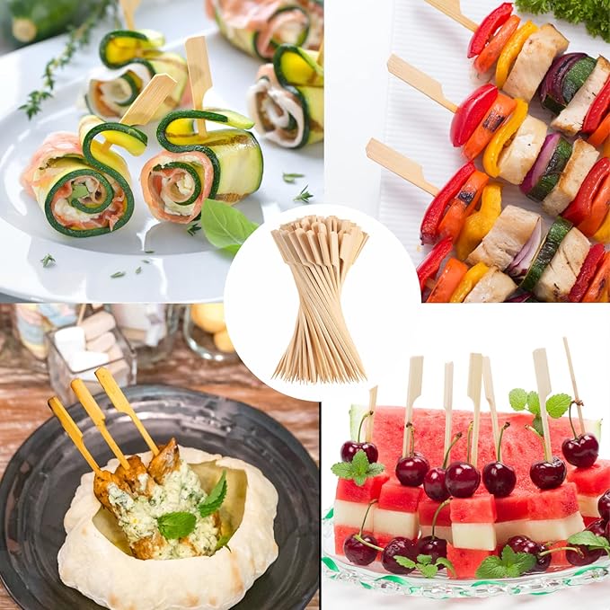 200 PCS Bamboo Skewers for Appetizers, 10 Inch Toothpicks, Cocktail Picks for Drinks, Fruit Kababs, Sausage, Barbecue Snacks, Natural Wooden Paddle Skewer Mini Food Sticks, Charcuterie Accessories