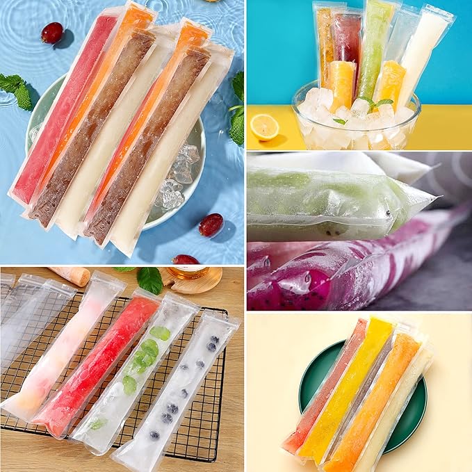 FEBSNOW 120 Disposable Ice Popsicle Mold Bags Freezer Tubes With Zip Seals For Healthy Snacks,Yogurt Sticks,Juice & Fruit Smoothies,Ice Candy Pops Comes With A Funnel (11"x2")