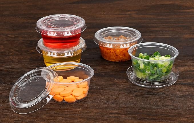 EDI - Clear Disposable Plastic Portion Cups with Leakproof Lids - Jello Shot, Condiment and Dipping Sauce, Souffle - BPA Free, Recyclable (2 OZ, 50 Sets)