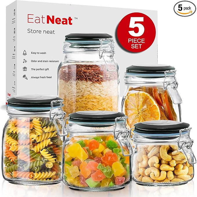 EatNeat 5‑Piece Airtight Glass Canister Set with Clamp Lids – 17 to 68 oz Jars for Kitchen Pantry Storage – Giftable Food Containers for Dry Goods & Countertop – Includes Labels & Marker
