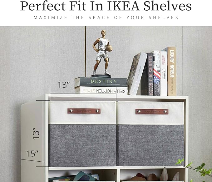 DECOMOMO Kallax Storage Cubes - 13x15x13 Storage Bins, Baskets for Organizing Shelves (Grey and White, 4-Pack)