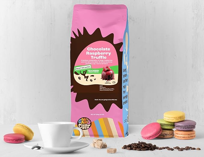 Crazy Cups Flavored Ground Decaf Chocolate Coffee, Decaffeinated Chocolate Raspberry Coffee in 10 oz Bag, For Brewing Flavored Hot or Iced (Pack of 2)