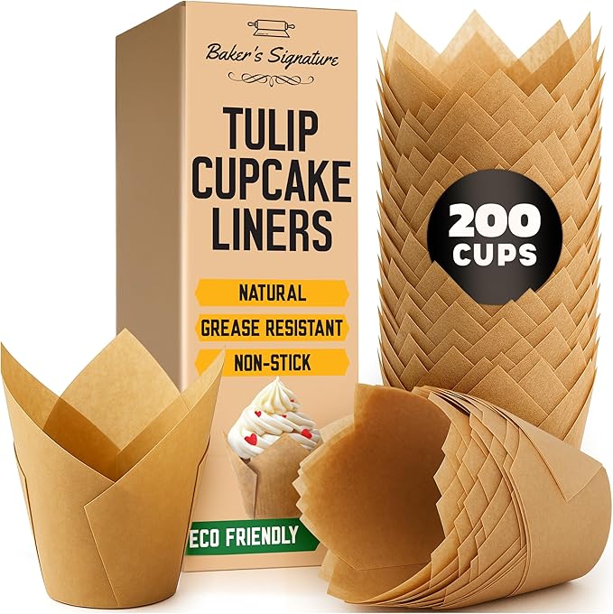 Tulip Cupcake Liners, Muffin Liners for Baking by Baker’s Signature – 200pcs of Parchment Paper Cups Cupcake Wrappers – Perfect Size, Sturdy, Greaseproof & Easy to Use – Wedding Decor – Natural Brown