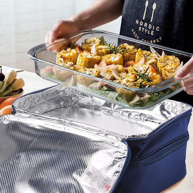 MIER Insulated Double Casserole Carrier Thermal Lunch Tote for Potluck Parties, Picnic, Beach, Fits 9 x 13 Inches Casserole Dish, Expandable by Mid Zipper, Navy