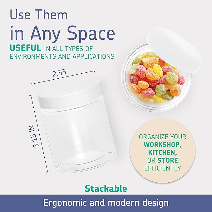 Healthy Packers Plastic Containers with Water-Tight White Lids (6 oz, 24 Pack) - Clear Plastic Food Storage Jars with Labels and White Marker - Jars With Lids For Slime Or Storage - BPA Free