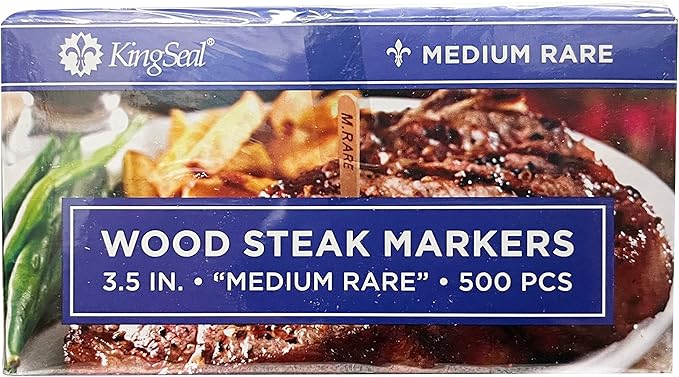 KingSeal 5000 Count 3.5 Inch Natural Birch Wood Steak Markers, Heat Stamped, MED Rare, Eco Friendly, Commercial Bulk Pack - 10 Boxes x 500 Markers