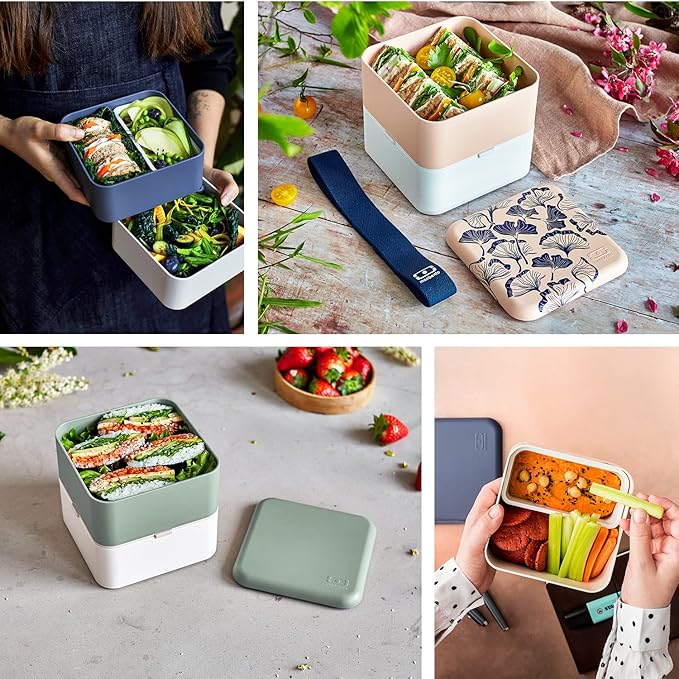 monbento - Large Bento Box MB Square Ginkgo with Compartments - Leakproof Lunch Box for Work and Meal Prep - BPA Free - Food Grade Safe - Japanese Pattern - Pink & Blue