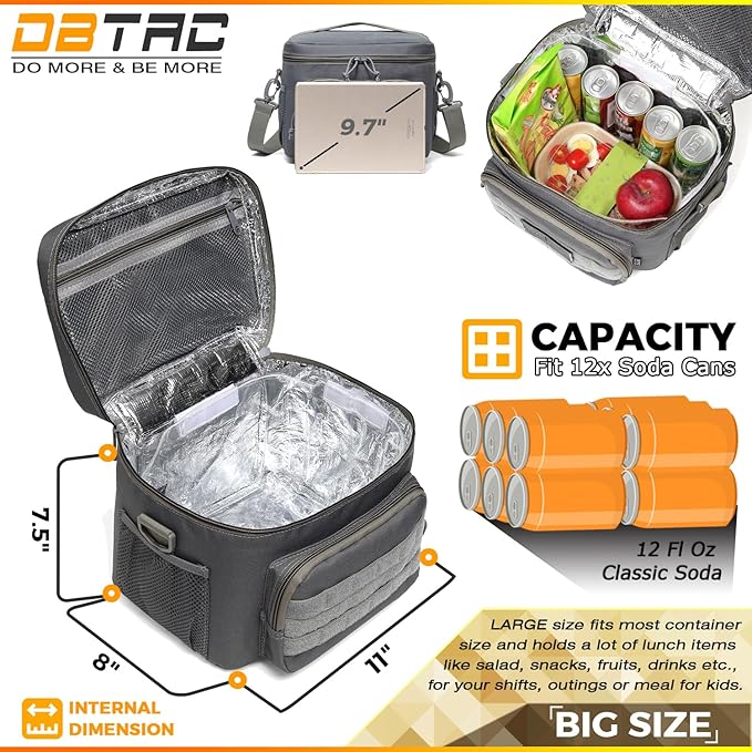 DBTAC Tactical Lunch Bag for Men Women, 12 Cans Insulated Lunch Box for Adult | 9L Leakproof Lunch Cooler Tote for Work Office Outdoor Travel | Soft Easy To Clean Liner x2, Grey