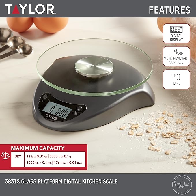 Taylor Digital Kitchen Scale with Glass Platform, Tare Button, and Plastic Body Weighs up to 11 Pounds Capacity, Silver