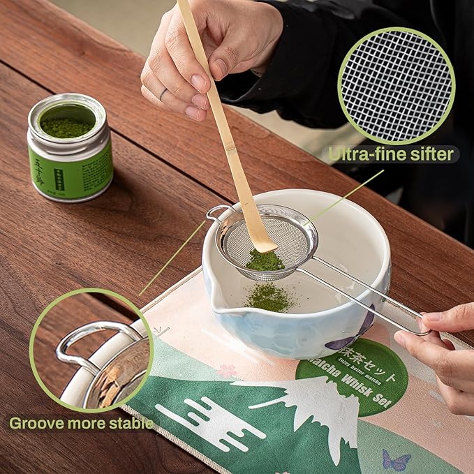 Clay&Fire Matcha Whisk Set，9 Pcs Ceramic Matcha Set, 15 OZ Matcha Bowl with Spout and Whisk，Matcha Kit for Friend, Ideal Gift for Matcha Lover（Butterfly）