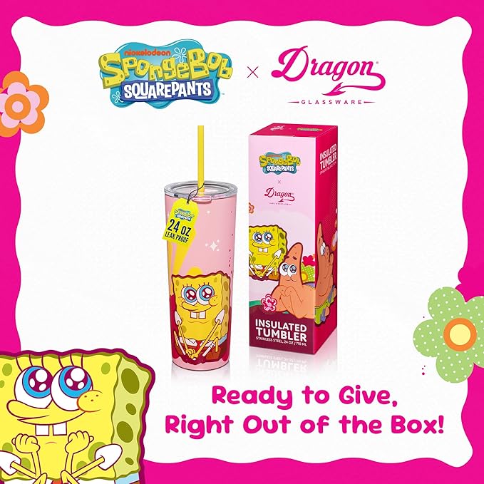 Dragon Glassware x SpongeBob SquarePants 24 oz Vacuum Insulated Tumbler with Lid and Straw - Tumbler Cup with 2 Straws - Stainless Steel Tumbler with Straw for Water, Iced Tea - SpongeBob - Pink