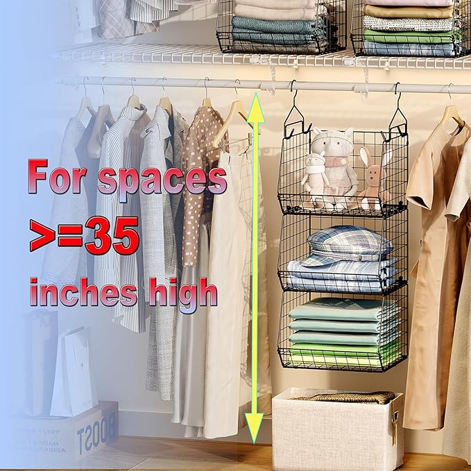 X-cosrack 3-Tier Hanging Storage Organizer for Closet, Laundry & Utility Room | Space Saving Shelves with 1.65" Hook & 5 S-Hooks | Hanging Wire Baskets (12.4" W x 8.8" H x 10.24-11.8" D)