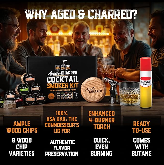 Whiskey Smoker Kit with Torch and Butane - 8 Flavors Wood Chips, 100% USA Oak Smoker, High-End Set - Cocktail Smoker Kit for Drinks - Old Fashioned Bourbon Smoker Gift Set for Men