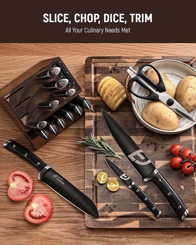 Knife Set, Emojoy 17-Piece Kitchen Knife Set with Heavy-Duty Acacia Block, Premium Titanium Stainless Steel Knife Block Set with Built-in Sharpener, Rust Proof