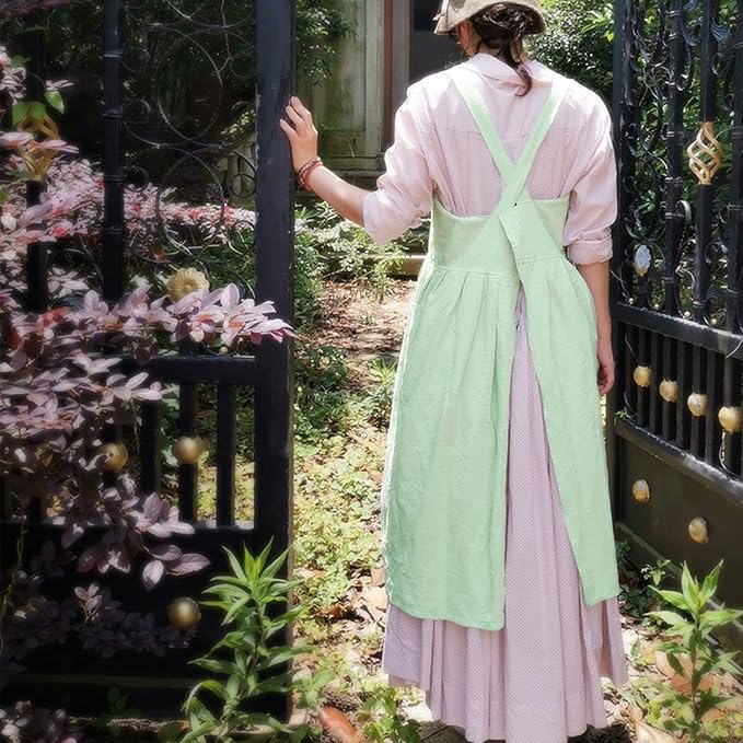 Uaussi Cotton Linen Apron Cross Back Work Apron for Women with Pockets Pinafore Dress X Cross Halter Apron for Chef Gardening