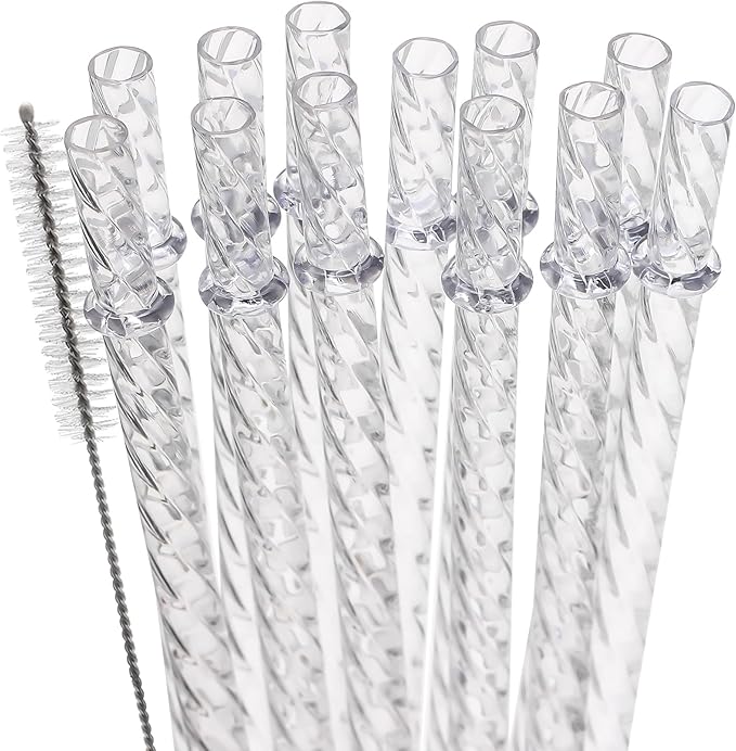 Dakoufish Reusable Plastic Crystal Drinking Straws for 30 oz & 40 oz Jars/Tumblers,Set of 12 Pcs Replacement Clear Straw with Cleaning Brush (12inch,Clear)