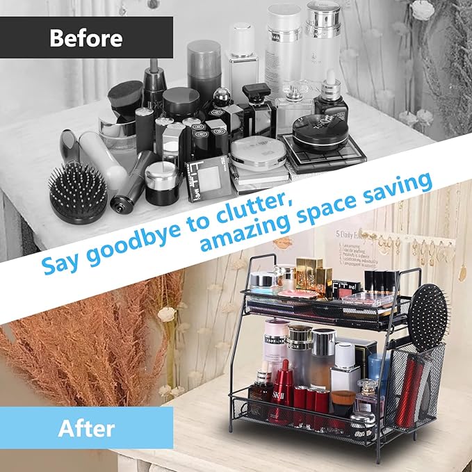 LEMIKKLE Countertop Organizer for Bathroom Counter, The Organizer for Bedroom, Spice Rack Organizer for Kitchen Counter Shelf with Small Basket(Black)