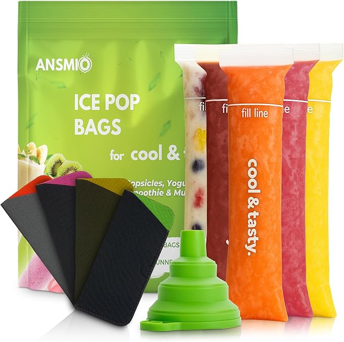 150 Disposable Popsicle Mold Bags with Zip Seals & 4 Popsicle Sleeves, 8x2" Freezer Tubes for DIY Ice Pops, Yogurt, Juice & Fruit Smoothies - Includes Funnel & Popsicle Sleeves, BPA-Free