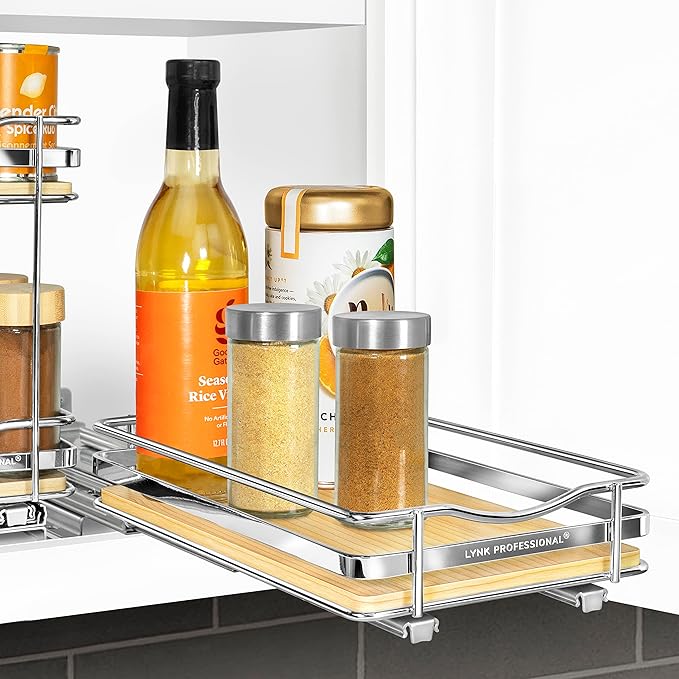 LYNK PROFESSIONAL® Élite™ Pull Out Spice Rack Organizer for Inside Kitchen Cabinets - 6-3/8 inch Wide - Slide Out Drawer – Wood/Chrome Sliding Spice Cabinet Organization Shelf Racks - 1 Tier