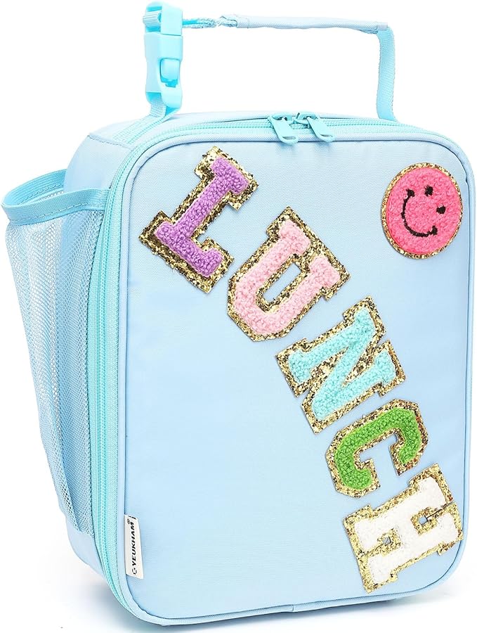 FlowFly Lunch box Insulated Soft Bag Mini Cooler Back to School Thermal Meal Tote Kit With Buckle and Mesh Side Pocket for Girls, Boys, BlueWithLetter