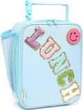 FlowFly Lunch box Insulated Soft Bag Mini Cooler Back to School Thermal Meal Tote Kit With Buckle and Mesh Side Pocket for Girls, Boys, BlueWithLetter