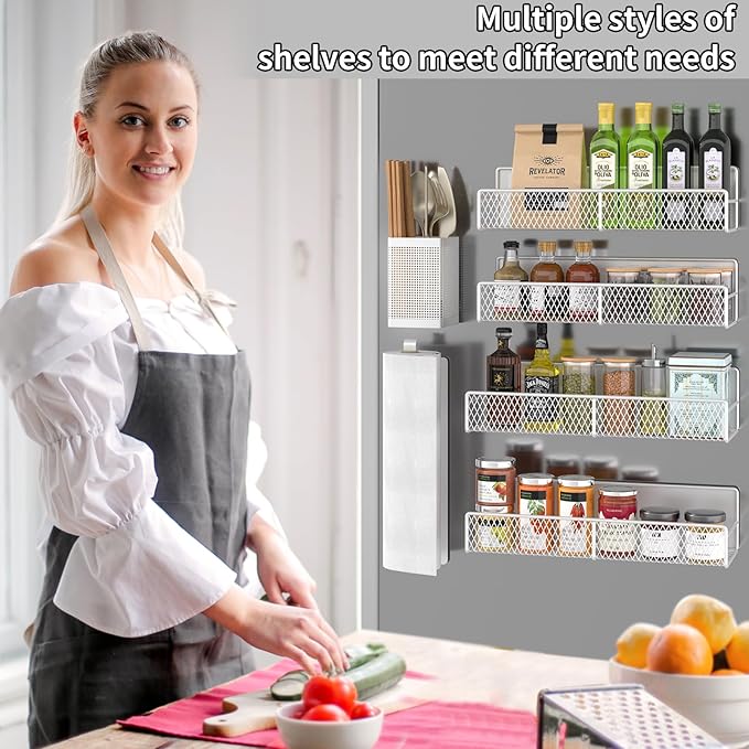 Magnetic Spice Rack for Refrigerator, 6 Pack 100% Metal Strong Magnet Shelf, Space Saving Spice Organizer, Home Kitchen Laundry Room Storage Organization W/ Paper Towel Holder, Utensils Racks (White)
