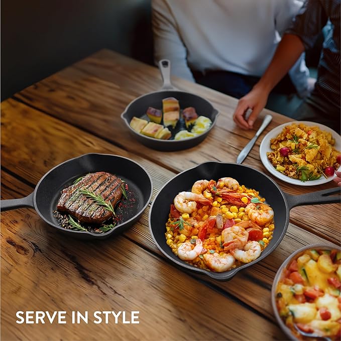 Navaris Cast Iron Skillet, 3 Pieces - Durable 15cm/20cm/25cm Cast-Iron Pan Set - Excellent Heat Retention, Ideal for Frying, Searing, and Sautéing - All-in-one Cookware Pot Set