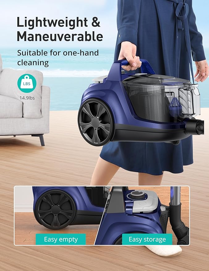 Aspiron Canister Vacuum Cleaner, 30Kpa Bagless Vacuum Cleaners, 3.7QT Large Dust Cup, Double HEPA Filter, Retractable Cord, 1600W Lightweight Vacuum Cleaner with 5 Tools for Hard Floors, Navy