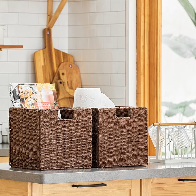 Vagusicc Wicker Storage Basket, Set of 2 Hand-Woven Storage Baskets for Shelves with Handles, Foldable Cube Storage Baskets Bins Organizer, 13 inch Large Wicker Baskets for Pantry Bedroom Decor, Brown