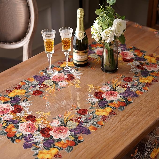 Clear Table Cover Protector Vinyl PVC Rectangle Table Cloth Oil Spill Proof Plastic Tablecloths for Dining Tables Parties Holidays (Floral Fruit, 60 x 120 Inches)