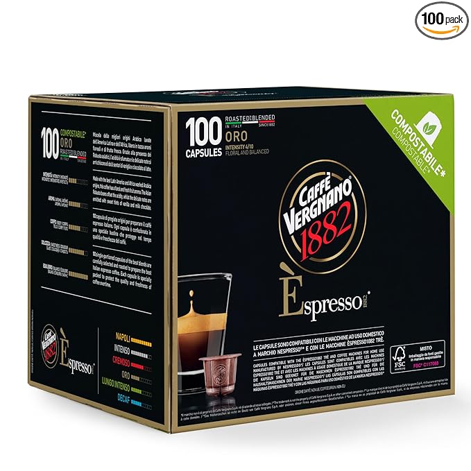Caffe' Vergnano 1882 Medium Roast Espresso Original Line Machine Compatible Capsules, Arabica Robusta Espresso Coffee, Italian Coffee For Nespresso Coffee Machines, Intensity 4/10, Oro, 100 Ct
