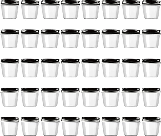 Novelinks 4 Ounce Plastic Jars with Black Lids - Refillable Round Clear Containers for Kitchen & Household Storage - BPA Free (40 Pack)