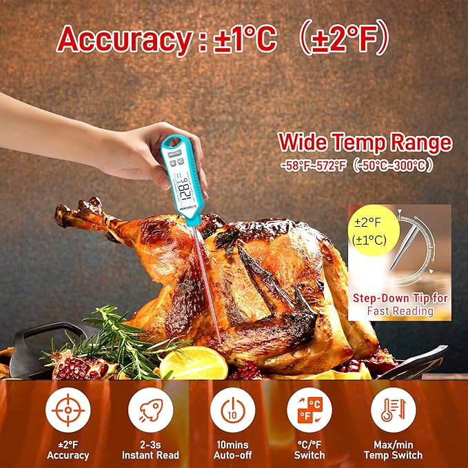 Meat Thermometer Digital, Instant Read Food Thermometer – Waterproof Nonslip Grip Kitchen Timer & Temp Chart Thermometer for Cooking Candy, Oil Fry Indoor & Outdoor Grilling Smoker Roast