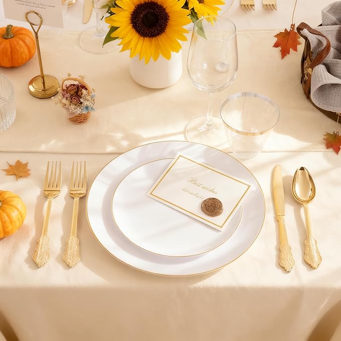 KIRE 100PCS Disposable Plates - White with Gold Rim for Thanksgiving Party/Wedding - Includes 50Pieces 10.25inch Dinner and 50Pieces 7.5inch Dessert/Salad Plates