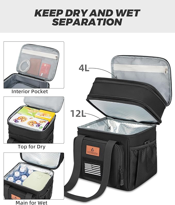 HSHRISH Expandable Lunch Box, Double Deck Large Insulated Lunch Bag for Men, Durable Leakproof Cooler Bag for Men Work Shift Outdoor Trips, 20 Can/15 L, Black