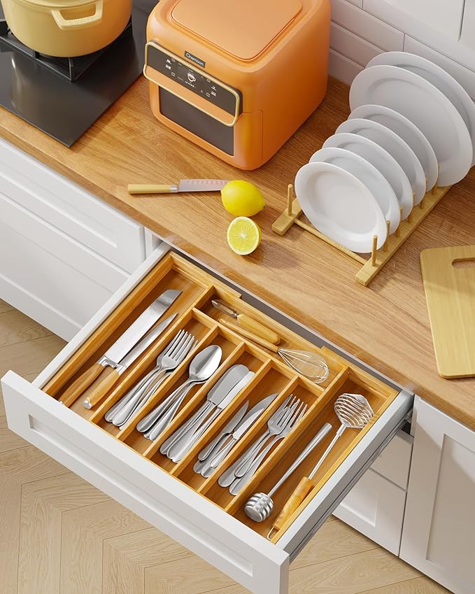 Kitsure Large Bamboo Silverware Organizer - Expandable Drawer Organizer for Utensil, Cutlery and Flatware, Kitchen Storage Solution with 6 to 8 Slots, Natural, 19.4" × 13.1" × 1.8"