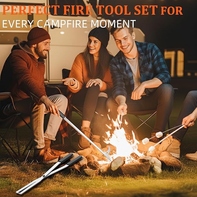 GARVIN Heavy Duty Fire Tongs & Poker Set, 27.7" Long-Handle Carbon Steel Log Grabber with Serrated Grip, Fire Tools Sets For Fire Pit & Fireplace, Wood Stoves, Campfires, Bonfires & BBQ Grills