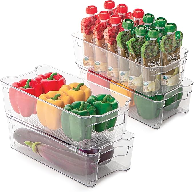 Smart Design Stackable Set of 4 Refrigerator Bins with Handle - 6 x 12 Inch - BPA Free Plastic - Fridge, Freezer, Pantry Organizer, Cabinet Storage, Food, Produce, Fruit Containers - Kitchen - Clear