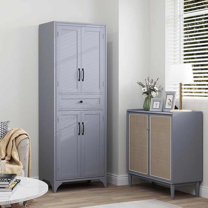 HOMCOM 67" Tall Freestanding Kitchen Pantry Cabinet, 4-Door Storage Cabinet with Drawer and Adjustable Shelves for Dining Room, Gray