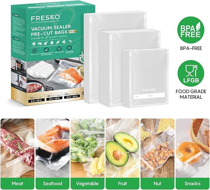 FRESKO Vacuum Sealer Bags, 150 Gallon 11" x 16" and Quart 8" x 12" and Pint 6" x 10" BPA Free PreCut Bag, Commercial Grade Food Vac Bags for Storage, Meal Prep or Sous Vide