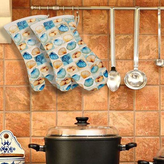 Oven Mitts Gloves 1 Pair Heat Resistant 480 ℉ Non Slip Clear Silicone Printed Shell Comfortable Cotton Lining Kitchen Men Cooking Barbecue Machine Washable (Shell, Beige Mitts)