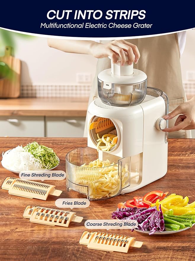 FOHERE Multifunctional Electric Cheese Grater, 6 Blades & 1.8L Container Nut Chopper, Vegetable Slicer, Food Slicer for Onion, Carrot, Cucumber (White)
