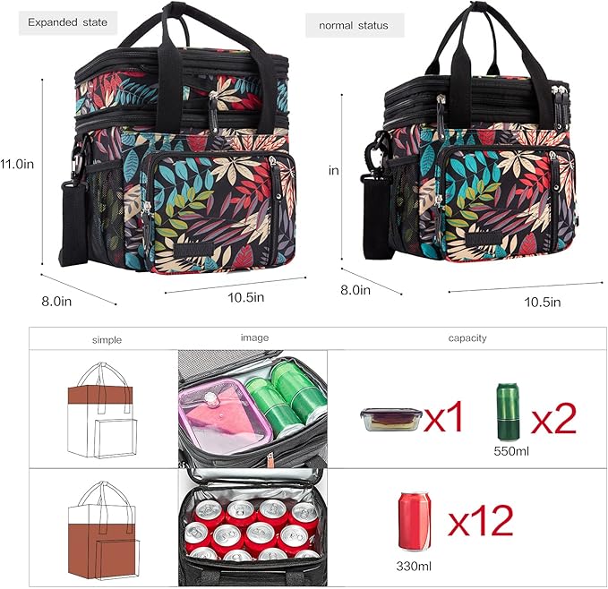 MOV COMPRA Leaf Printed Leakproof Expandable Large Double Deck Lunch Box Cooler Bag for Women Men, Beach Cooler Bag with Removable Shoulder Strap