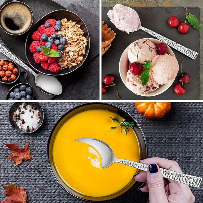 Hammered Dinner Spoons Set of 6, E-far 7.9 Inch Stainless Steel Soup Spoons Tablespoons for Home, Kitchen or Restaurant, Non-toxic & Mirror Polished, Squared Edge & Dishwasher Safe