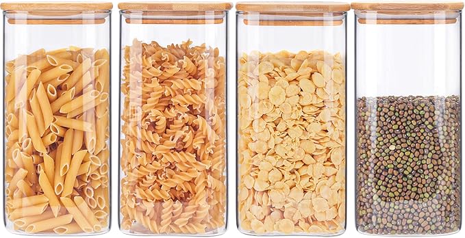 Glass Storage Containers with Lids, Glass Jars with Bamboo Lids, Large Food Storage Jar, Sugar, Pantry Storage Container for Pasta Rice Flour Oats Nuts Tea Spice (Square 54oz 4pack)