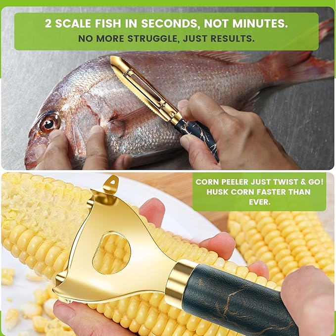 3Pcs Premium 304 Stainless Steel Potato Vegetable Peelers for Kitchen, Ultra Sharp Fruit Peeler & Fish Scaler with Real Wood Handle, Y Peeler for Corn, Apple, Carrot
