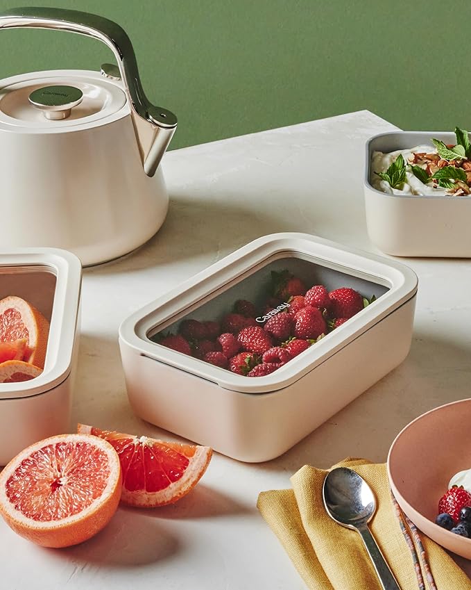 Caraway Glass Food Storage - 6.6 Cup Glass Container - Ceramic Coated Food Container - Non Toxic, Non Stick Lunch Box Container with Lids - Dishwasher, Oven, & Microwave Safe - Perracotta